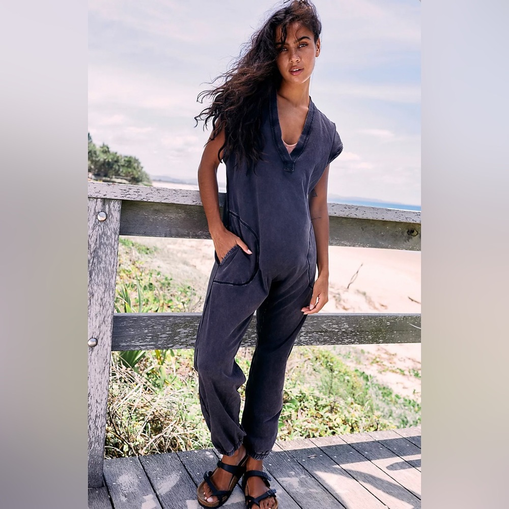 Free People Movement by Hot Shot Plunging Jumpsuit In Washed Black, New With Tag